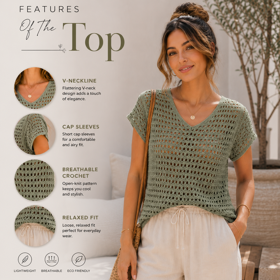Sage Mesh Crochet Top Pattern PDF, V Neck Summer Crochet Shirt, Beginner Crochet Top Pattern, XS-5XL, Video Tutorial, Digital Download