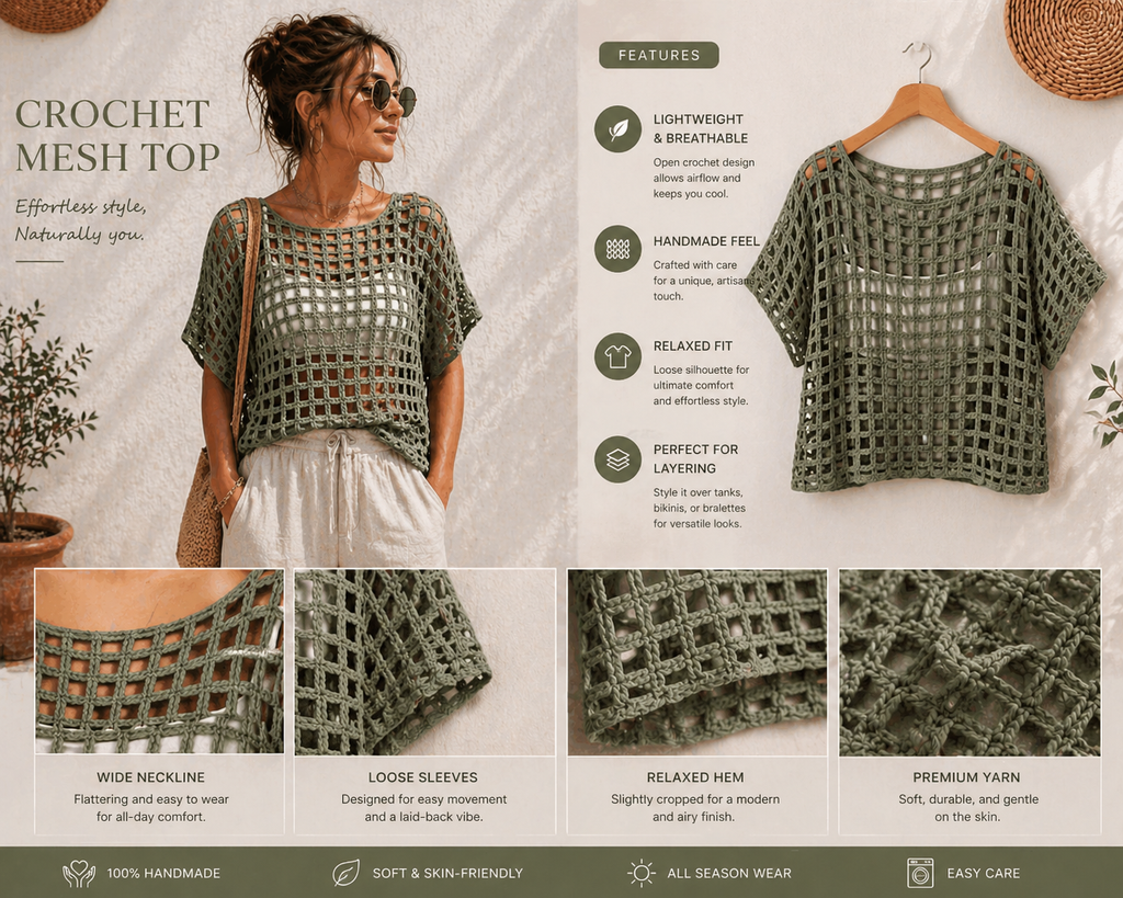 Sage Breeze Mesh Crochet Top Pattern PDF | Summer Crochet Top | Sizes S-XL | Instant Download