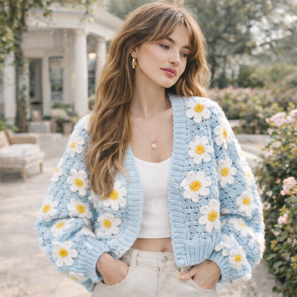 Daisy Flower Crochet Cardigan Pattern PDF | Granny Square Cardigan Tutorial | Beginner Friendly | Sizes S–L | Instant Download