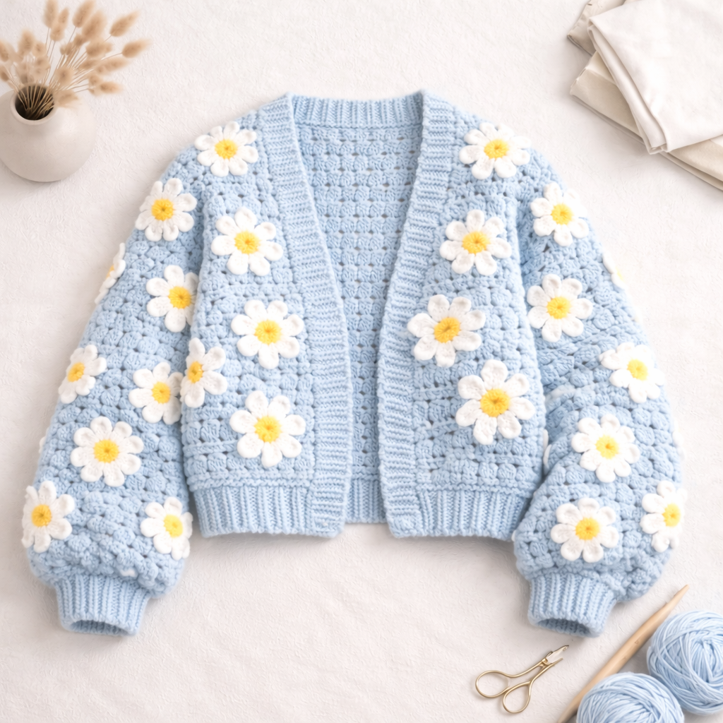 Daisy Flower Crochet Cardigan Pattern PDF | Granny Square Cardigan Tutorial | Beginner Friendly | Sizes S–L | Instant Download