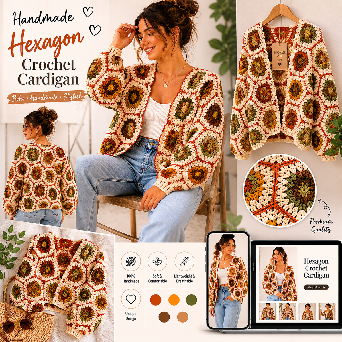 Vintage Earth Hexagon Crochet Cardigan Pattern PDF | Boho Cardigan | Sizes S-XL | Instant Download