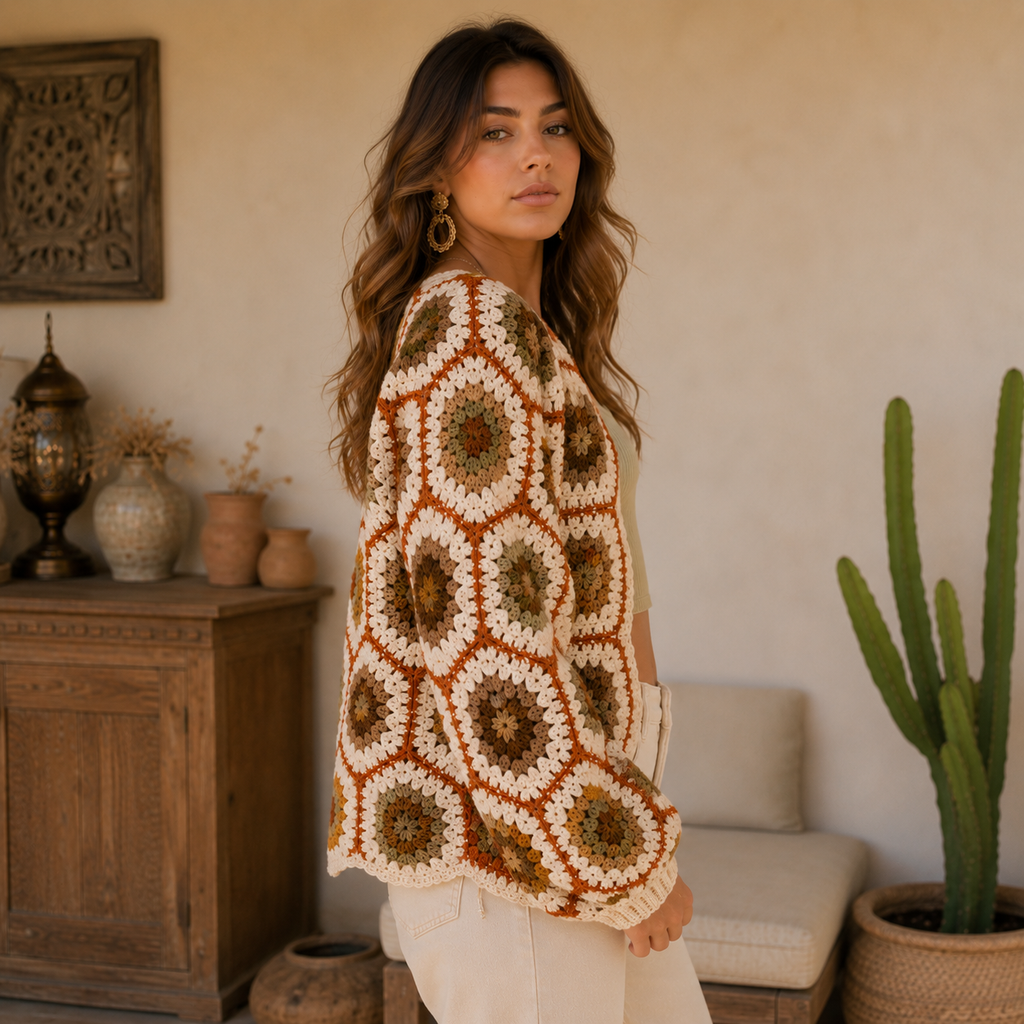 Vintage Earth Hexagon Crochet Cardigan Pattern PDF | Boho Cardigan | Sizes S-XL | Instant Download