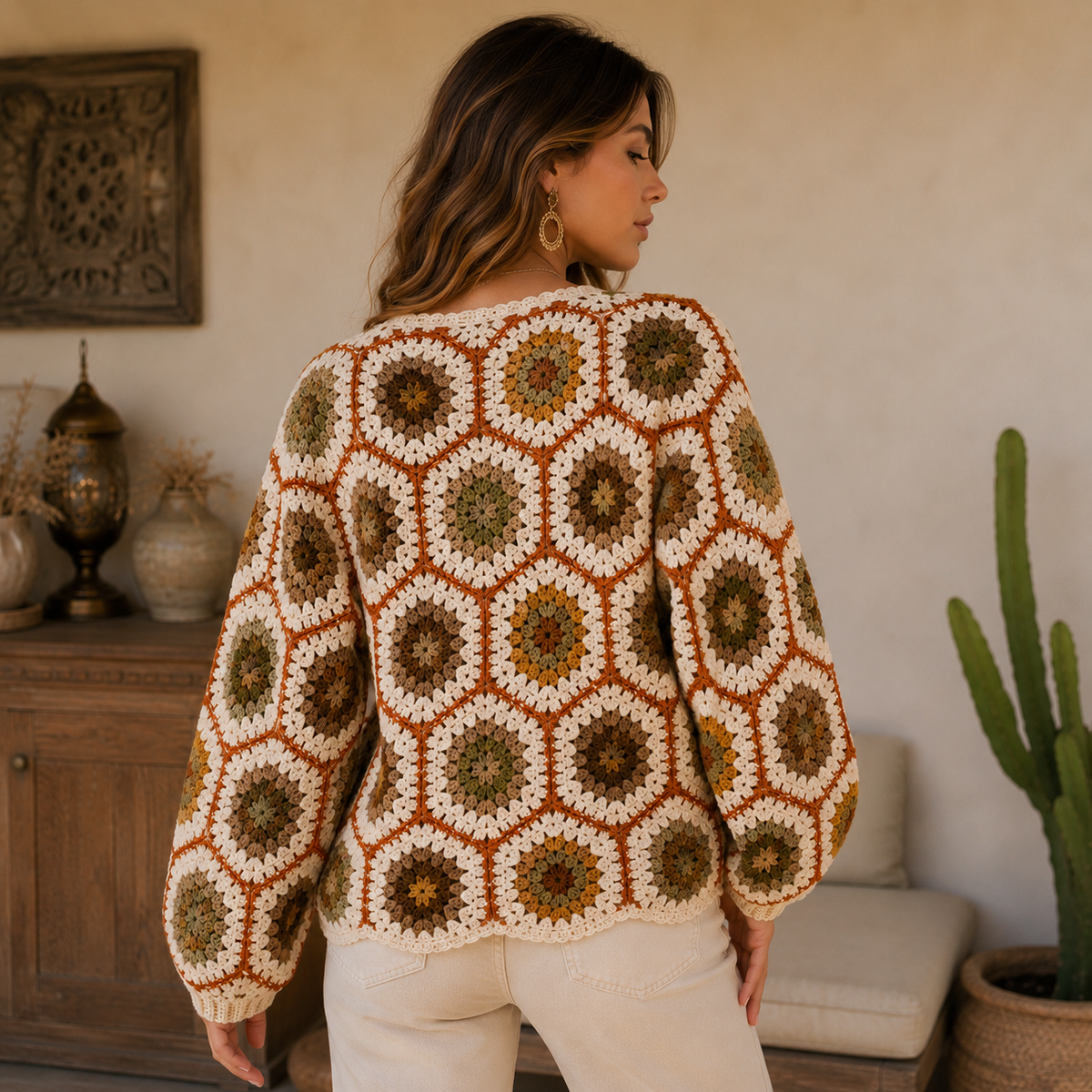 Vintage Earth Hexagon Crochet Cardigan Pattern PDF | Boho Cardigan | Sizes S-XL | Instant Download