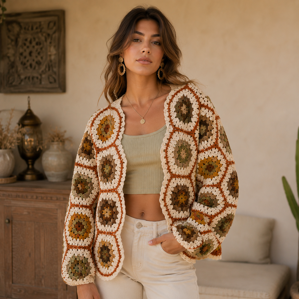 Vintage Earth Hexagon Crochet Cardigan Pattern PDF | Boho Cardigan | Sizes S-XL | Instant Download