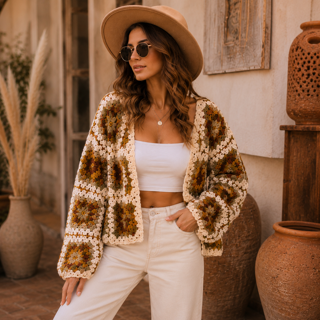 Desert Bloom Boho Granny Square Cardigan Crochet Pattern PDF | Sizes S-XL | Instant Download